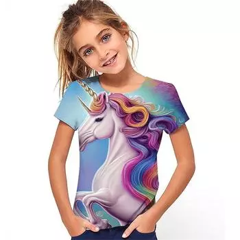 Футболка с принтом животных и лошадей 3D для девочек, милые футболки для девочек, детская подарочная футболка с коротким рукавом, повседневный топ, детская одежда 100