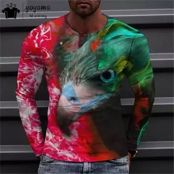 Футболка с принтом животных, мужская мода, мужские футболки с длинным рукавом для мужчин, повседневные футболки с принтом животных, круглая горловина, мужская одежда, топ XL