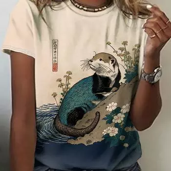 Футболка с принтом животных, повседневный топ с коротким рукавом и круглым вырезом на весну и лето, женская одежда S
