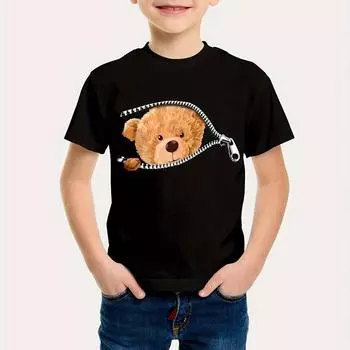 Футболка с принтом Zipper Bear Graphic, креативная рубашка с коротким рукавом и круглым вырезом, повседневные топы, одежда для мальчиков 170