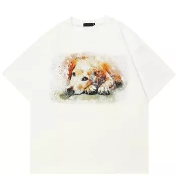 Футболка с принтом золотистого ретривера в уличном стиле, хлопковая футболка, унисекс, топы, футболки, летняя футболка с короткими рукавами S белый