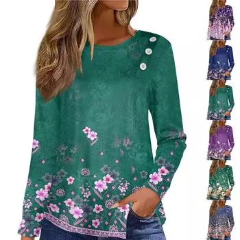 Футболка с пышным подолом на пуговицах, повседневный топ с длинным рукавом и круглым вырезом с цветочным принтом, женская одежда XS