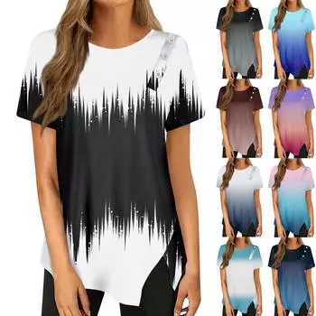 Футболка с пышным подолом на пуговицах, повседневный топ с круглым вырезом с короткими рукавами, женская одежда XL