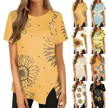 Футболка с пышным подолом на пуговицах, повседневный топ с круглым вырезом с короткими рукавами, женская одежда L чёрный