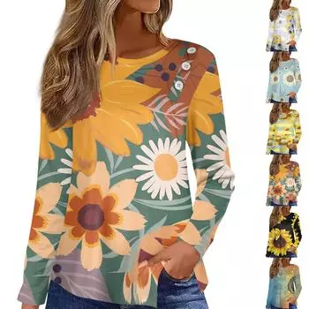 Футболка с пышным подолом на пуговицах, повседневный топ с длинным рукавом и круглым вырезом с цветочным принтом, женская одежда XS белый