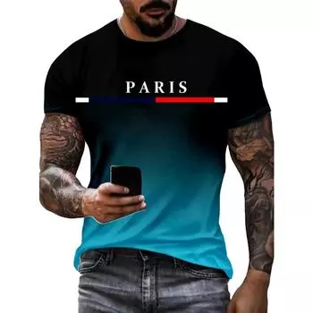Футболка с ярким градиентным принтом Paris Graphic Print T-Shirt - футболка с коротким рукавом и круглым вырезом, повседневная, дышащая, удобная, летняя, мужская одежда для отдыха на открытом воздухе S