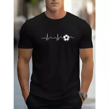 Футболка с ярким принтом «Football Heartbeat» — мягкая, дышащая, удобная футболка с круглым вырезом и коротким рукавом для мужчин — повседневные спортивные футболки S чёрный