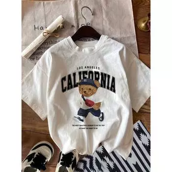 Футболка с ярким принтом медведя - Мягкий дышащий повседневный топ с коротким рукавом и круглым вырезом для лета и весны - Свободный женский S