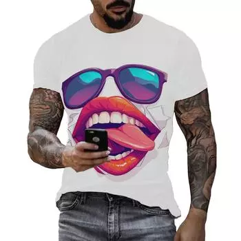 Футболка с ярким принтом в виде мультяшных губ и солнцезащитных очков - унисекс, модная белая футболка с коротким рукавом в стиле хип-хоп для мужчин L