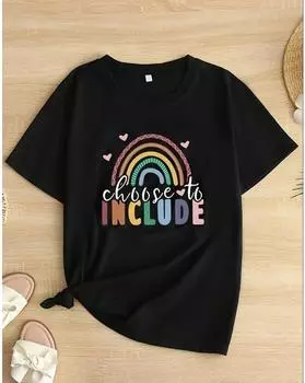 Футболка с радужным принтом больших размеров, повседневная футболка с круглым вырезом и короткими рукавами, женская одежда больших размеров 1XL чёрный