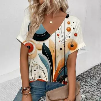 Футболка с растительным цветочным принтом, повседневный свободный удобный топ, индивидуальная уличная модная одежда с новыми летними женскими футболками с v-образным вырезом XXS