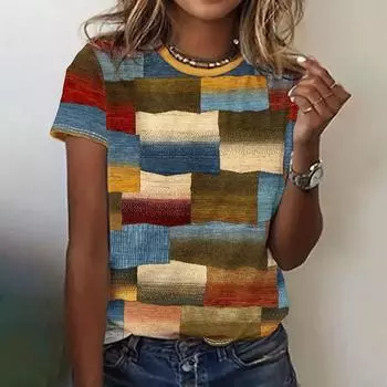 Футболка с разноцветным принтом для женщин, модная повседневная женская летняя одежда с коротким рукавом и круглым вырезом с рисунком в виде мультфильма, женская одежда с градиентом 2024 года S