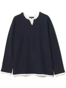 Футболка с разрезом на шее, искусственный слой, длинный рукав, темно-синий, размер S [Beams Heart], размер L/S, мужская тёмно-синий