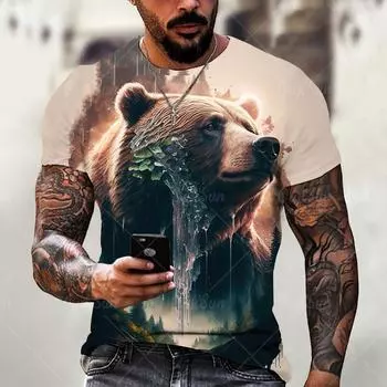 Футболка с рисунком аниме для мужчин с принтом медведя, свирепого зверя, мужская одежда, свободная футболка большого размера, уличная повседневная блузка с коротким рукавом в стиле Харадзюку S