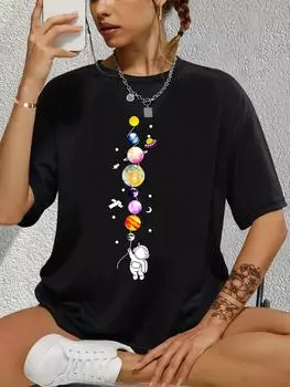 Футболка с рисунком астронавта и планеты, повседневная, с круглым вырезом, короткими рукавами, эластичная спортивная футболка, женская спортивная одежда M