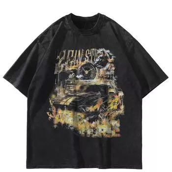 Футболка с рисунком автомобиля в уличном стиле, хлопковая черная футболка, топы унисекс, футболки, летние футболки с короткими рукавами S чёрный