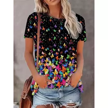 Футболка с рисунком бабочки и следов собак для женщин, цветные 3D-принты с короткими рукавами, летние футболки для отдыха, топы с круглым вырезом, футболки S