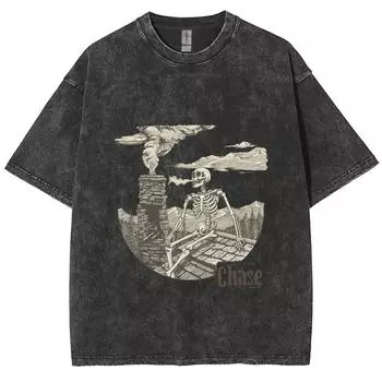 Футболка с рисунком черепа из мультфильма «Город в индустриальном стиле», хлопковая, женская, мужская, свободного покроя, с круглым вырезом, коротким рукавом, дизайн «Нишевый топ» S