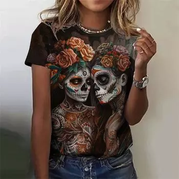 Футболка с рисунком черепа ужасов нежити для женщин, футболки с 3D-принтом для таинственной девушки, летние свободные топы с круглым вырезом, футболки с коротким рукавом S