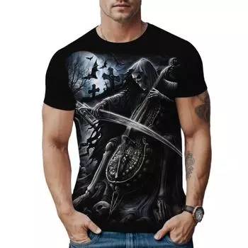 Футболка с рисунком черепа в уличном стиле для мужчин, модные футболки с 3D-принтом, оригинальные летние повседневные футболки с короткими рукавами и круглым вырезом, спортивная свободная футболка S чёрный