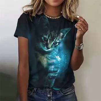 Футболка с рисунком цветов и кошек, женская, красочная, с 3D-принтом, с изображением животных, летние, повседневные, свободные, с короткими рукавами, с круглым вырезом, в стиле Харадзюку L