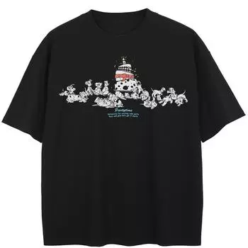 Футболка с рисунком далматина в уличном стиле, хлопковая футболка, унисекс, топы, футболки, летняя футболка с короткими рукавами S чёрный