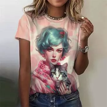 Футболка с рисунком девушки из мультфильма для женщин, футболки с 3D-принтом в виде цветка и кошки, летние свободные футболки в стиле Харадзюку с круглым вырезом и короткими рукавами M