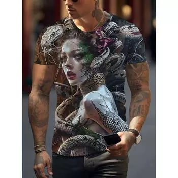 Футболка с рисунком девушки-змеи для мужчин, цветные футболки с 3D-принтом, летние уличные футболки с коротким рукавом и круглым вырезом, свободные футболки XS