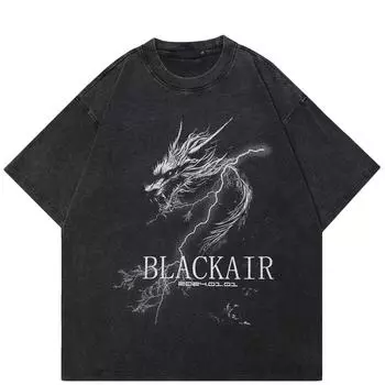 Футболка с рисунком дракона в уличном стиле, черная футболка из хлопка, топы унисекс, футболки, летняя футболка с короткими рукавами S чёрный