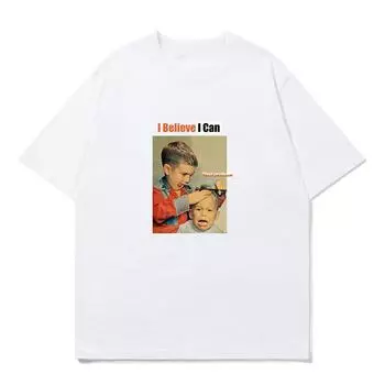 Футболка с рисунком фальшивой улыбки и стрижки для мальчика Летняя и американская ретро-футболка Ins Fashion Свободная футболка с коротким рукавом Парикмахерская S