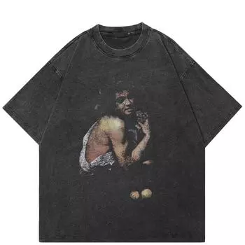 Футболка с рисунком Fuzzy Boy Streetwear, черная футболка из хлопка, унисекс, свободная, с короткими рукавами S чёрный