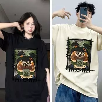 Футболка с рисунком из мультфильма из хлопка с коротким рукавом, одежда для пар, футболки, повседневная, большого размера, свитер, рубашка для женщин и мужчин XL красный