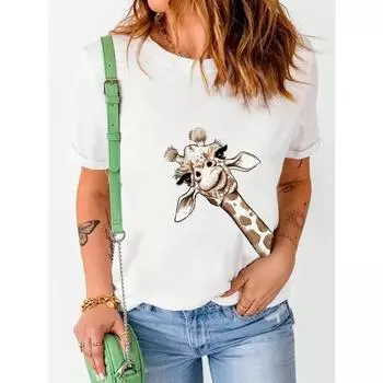 Футболка с рисунком из мультфильмов и животных, с принтом жирафа, с короткими рукавами и круглым вырезом, повседневная женская одежда на весну/лето S