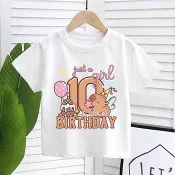 Футболка с рисунком капибары для девочек на день рождения, футболка с коротким рукавом и цифрами для детей, летние детские футболки, симпатичная одежда для малышей Capy 4T(110cm)