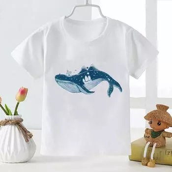 Футболка с рисунком кита из мультфильма для мальчиков и девочек, белая футболка, летние модные топы для малышей, футболка, YKP150 S