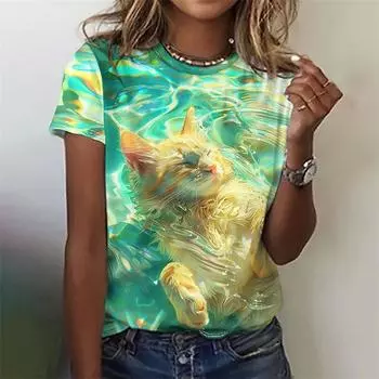 Футболка с рисунком «Клубника, черника, кошка», женская футболка с 3D-принтом «Фрукты», летняя мода, повседневные свободные футболки с короткими рукавами и круглым вырезом S