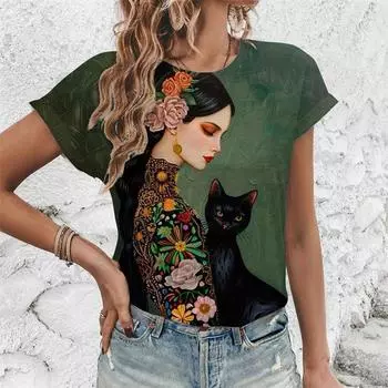 Футболка с рисунком кошки для женщин, красочные футболки с 3D-принтом в виде мультяшного питомца, летние футболки Harajuku с круглым вырезом, свободные топы с короткими рукавами S