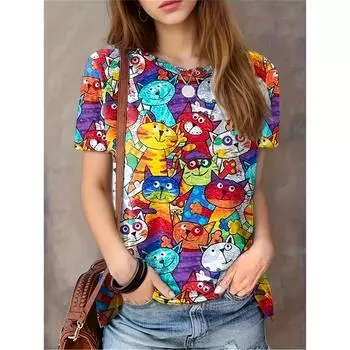 Футболка с рисунком кошки и животного для женщин, пасхальные яйца, 3D-принтованные футболки, летние повседневные свободные футболки с круглым вырезом и короткими рукавами 5XL