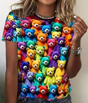 Футболка с рисунком кошки и животного для женщин, футболки с 3D-принтом, летние повседневные футболки больших размеров с круглым вырезом и короткими рукавами XS