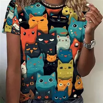 Футболка с рисунком кошки и животного для женщин, пасхальные яйца, 3D-принтованные футболки, летние повседневные свободные футболки с круглым вырезом и короткими рукавами S