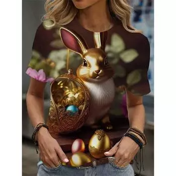 Футболка с рисунком кошки и животного для женщин, пасхальные яйца, 3D-принтованные футболки, летние повседневные свободные футболки с круглым вырезом и короткими рукавами S