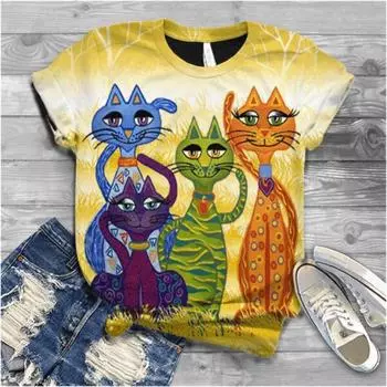 Футболка с рисунком кошки в 3D-стиле для женщин, милые футболки с животными, летние свободные топы с короткими рукавами, фирменные футболки с круглым вырезом S