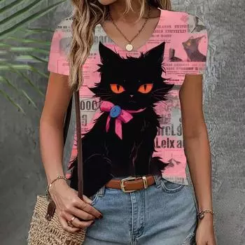 Футболка с рисунком кошки, женская одежда, модный топ с V-образным вырезом, летняя, новая, свободная, с коротким рукавом, повседневная, элегантная женская футболка S