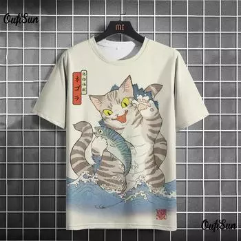 Футболка с рисунком кота для мужчин, летние модные футболки с короткими рукавами и круглым вырезом, уличная одежда большого размера, повседневная толстовка, мужская базовая одежда, топы XL