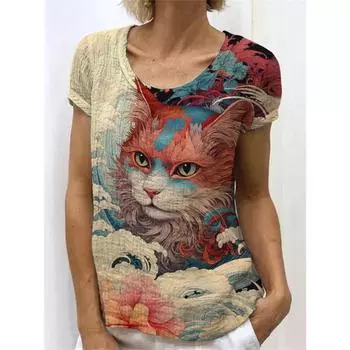Футболка с рисунком кота для женщин Harajuku повседневные женские футболки с коротким рукавом, топ с круглым вырезом, женская одежда больших размеров S