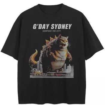 Футболка с рисунком кота Годзиллы в уличном стиле, хлопковая футболка, унисекс, топы, футболки, летняя футболка с короткими рукавами M чёрный