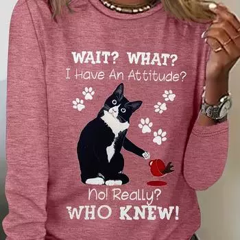 Футболка с рисунком кота и букв размера плюс - модный повседневный топ на весну и осень, трендовая женская одежда больших размеров S