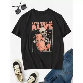 Футболка с рисунком кота Keep Me Alive, женская, дышащая, летняя, повседневная, модная, уличная, хип-хоп, футболки для женщин S