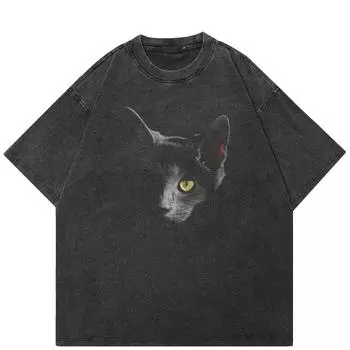 Футболка с рисунком кота в уличном стиле, черная футболка из хлопка, стираная, унисекс, топы, футболки, летняя футболка с короткими рукавами S чёрный