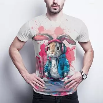 Футболка с рисунком кролика в стиле хип-хоп — городская уличная одежда с кроликом и наушниками, дизайн Splash Art, мягкий полиэстер, мужская футболка S-XXL XL